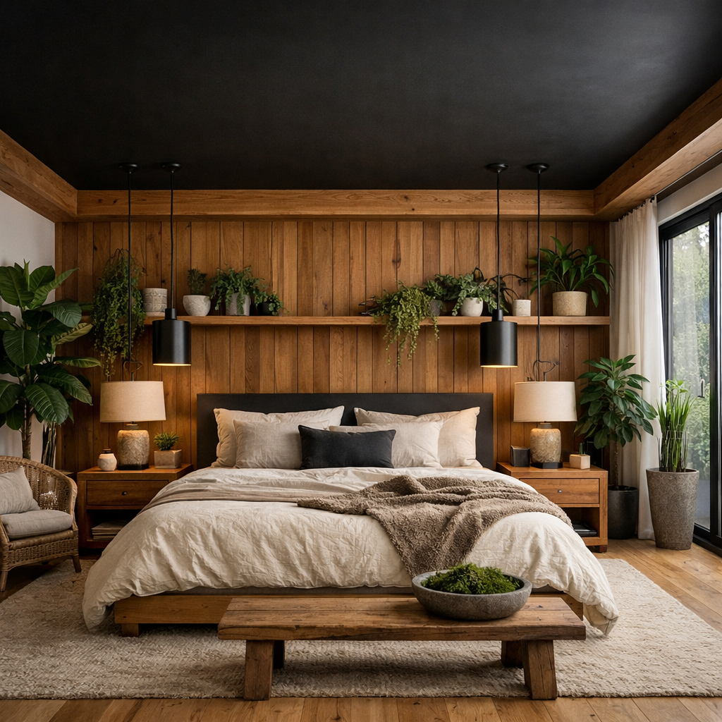A modern bedroom with a black ceiling, wooden walls, plants, and cozy decor.