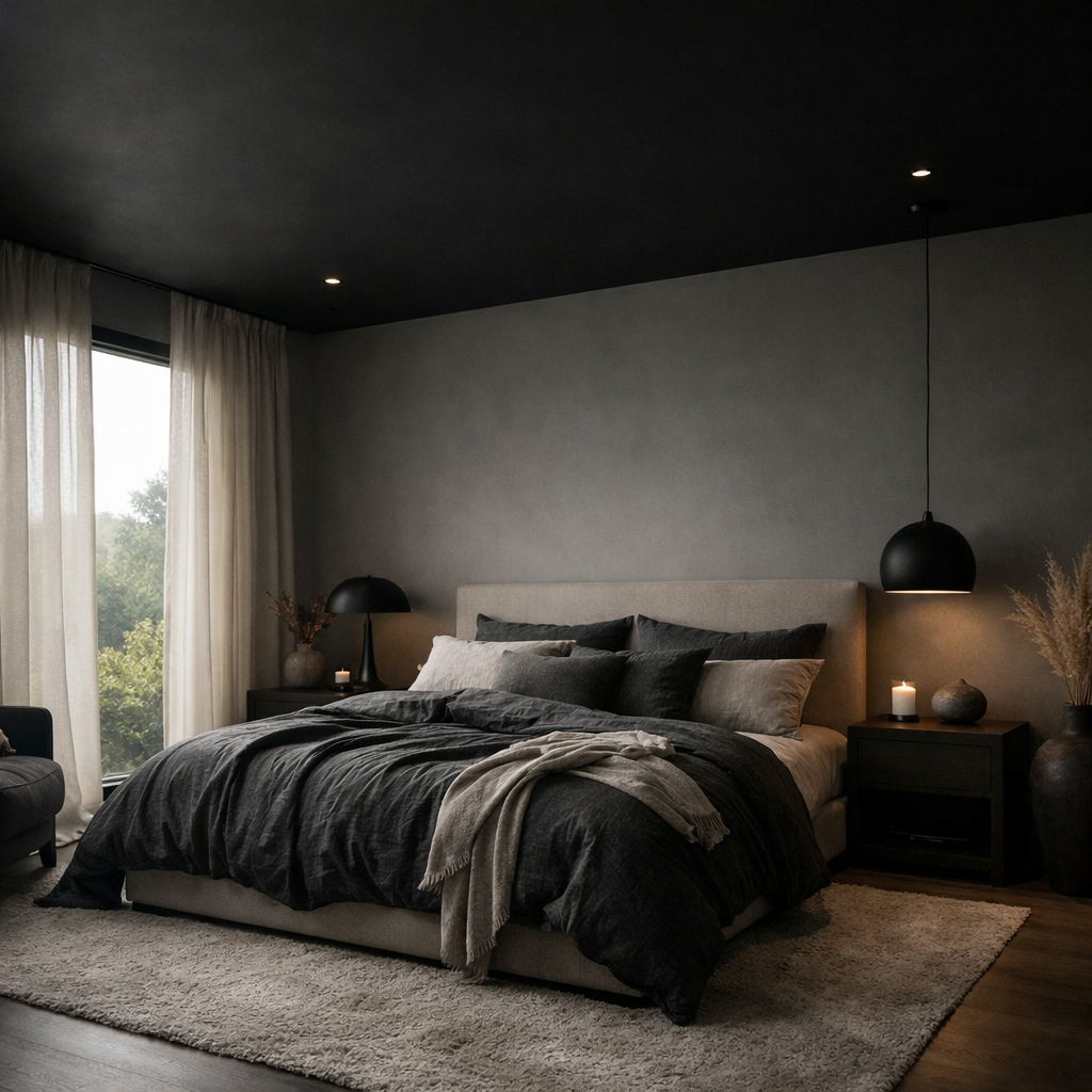 Cozy bedroom with a black ceiling, natural light, and warm decor