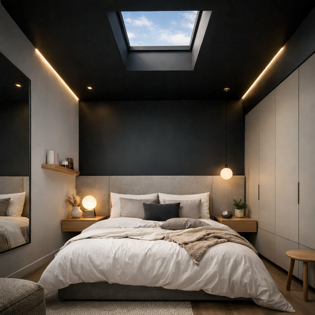 Cozy bedroom featuring a black ceiling, light walls, and stylish decor.