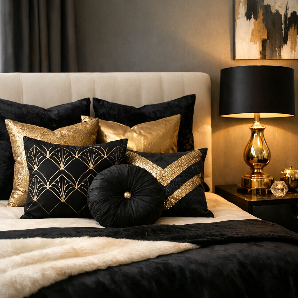 Elegant black and gold bedroom with luxurious decor.