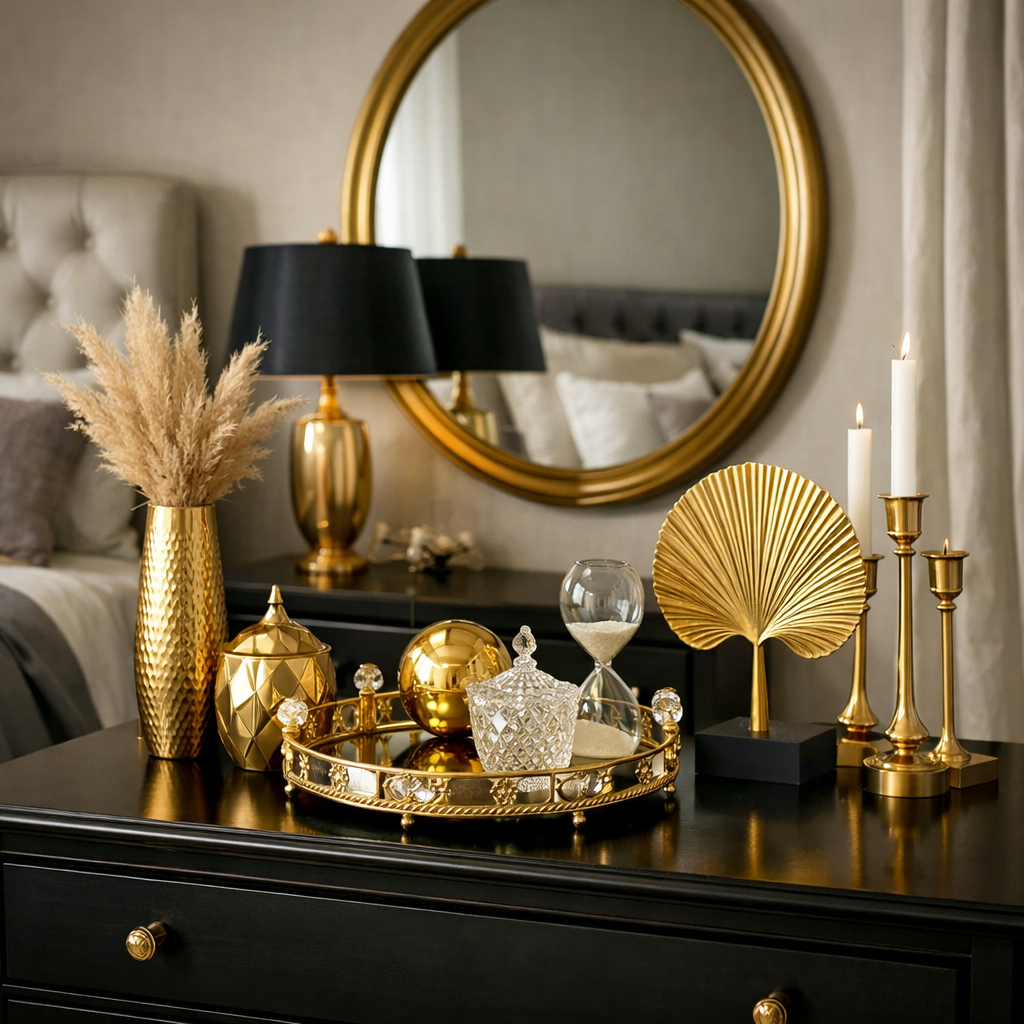 Decorative accessories in gold on a black dresser in a stylish bedroom.
