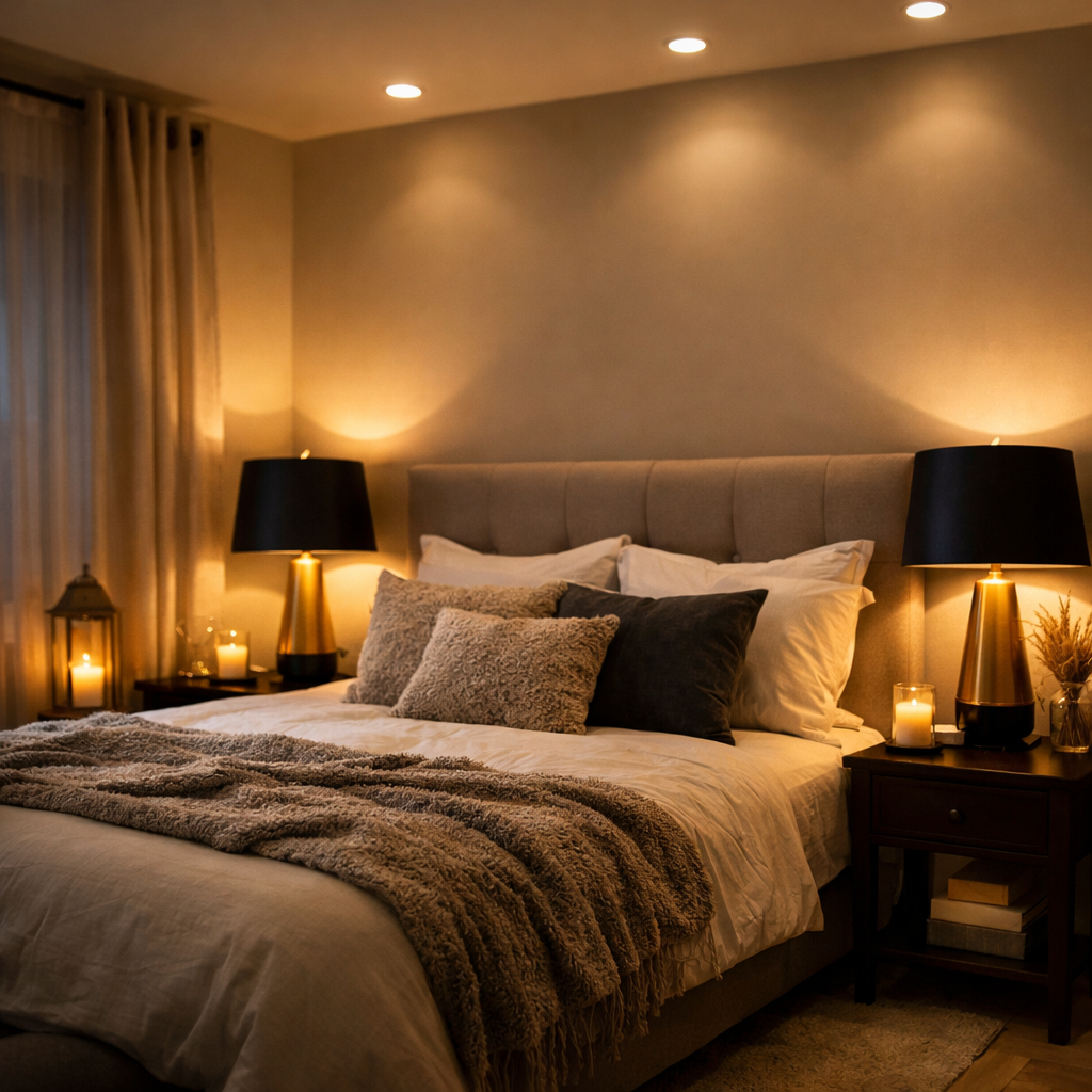 Cozy black, white, and gold bedroom with layered lighting