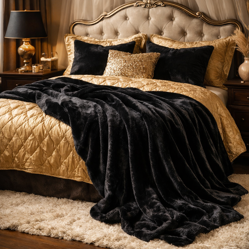 A luxurious bedroom featuring a gold quilted bedspread, dark pillows, and a cozy black throw blanket.