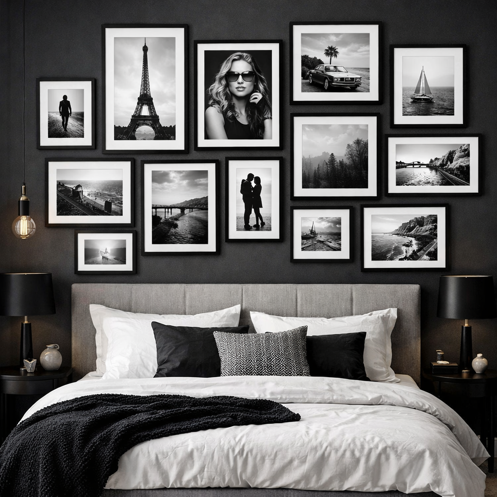 A beautifully arranged gallery wall featuring black and white photographs in various frames, enhancing a stylish bedroom with dark walls and light bedding.