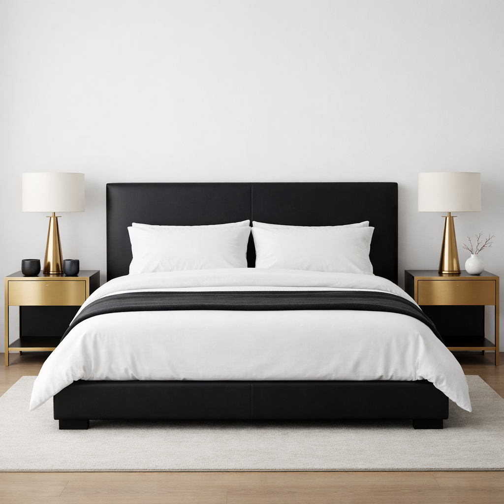 A stylish black, white, and gold bedroom featuring a sleek bed, elegant nightstands, and sophisticated lamps.