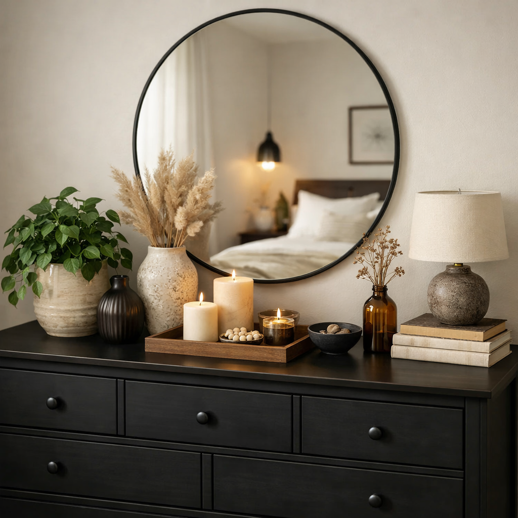 A stylish black dresser decorated with plants, candles, a round mirror, and decorative items.
