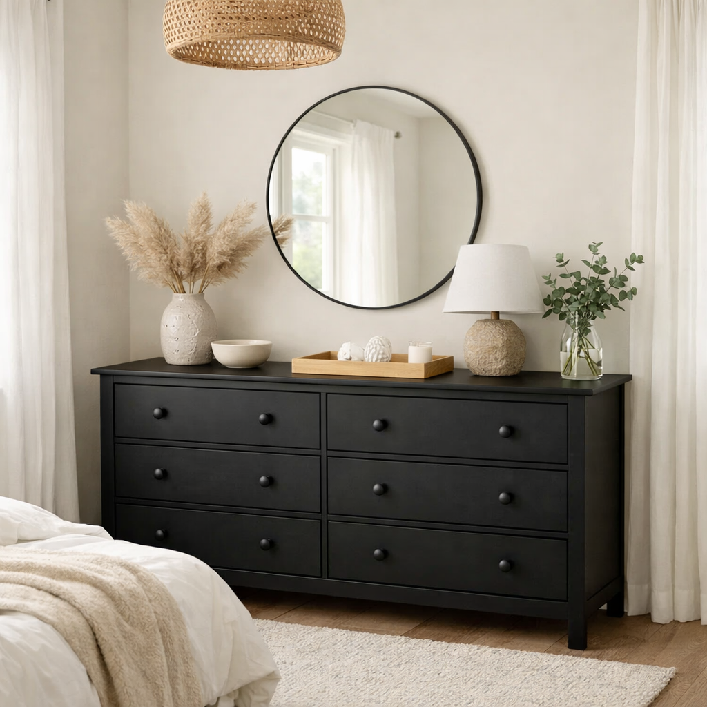 A black dresser with decorative items in a bright bedroom setting.