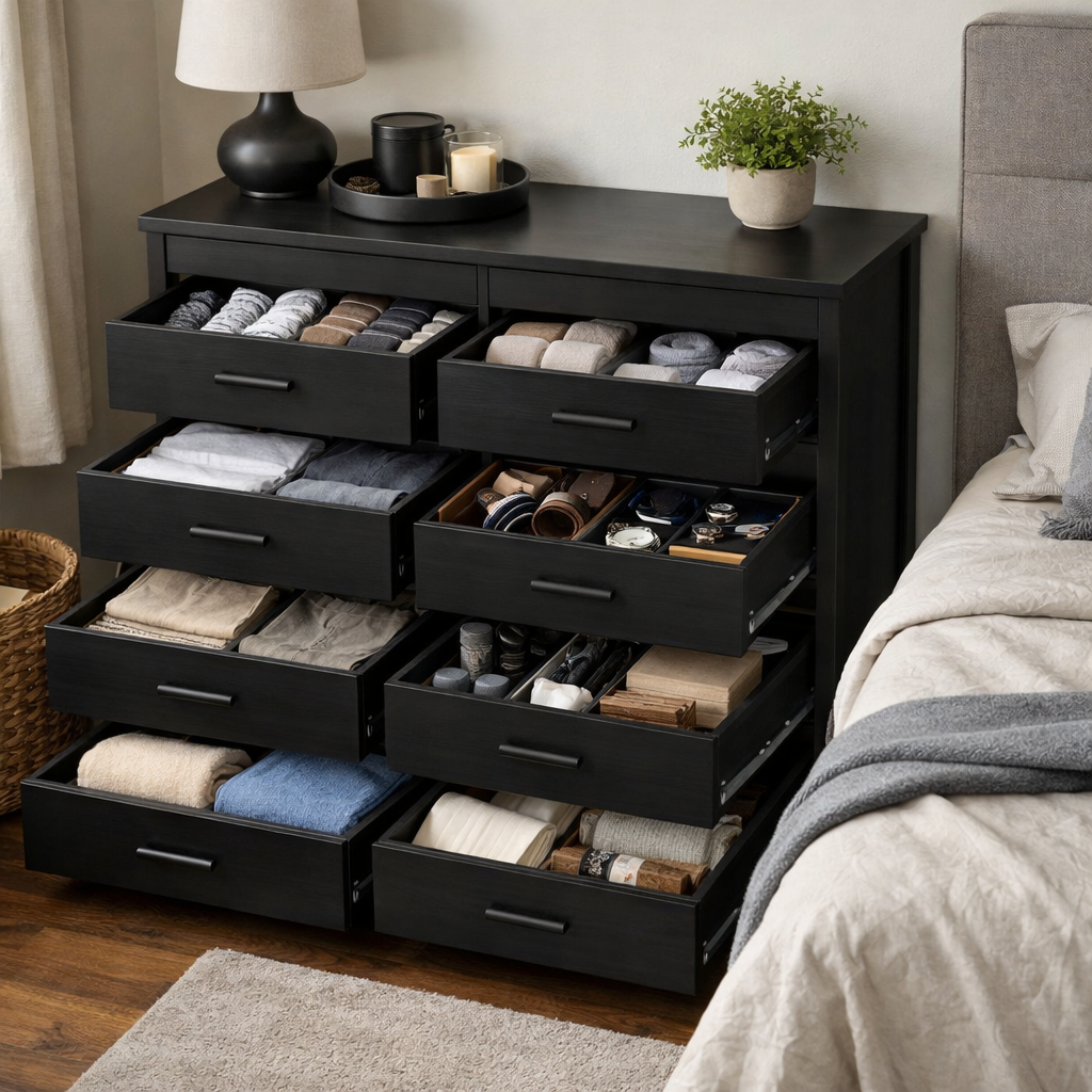 A black dresser with several drawers filled with neatly organized clothing and accessories.