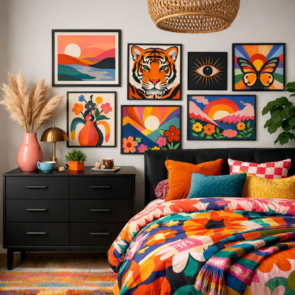 A vibrant bedroom with a black dresser, colorful bedding, and a wall of patterned artwork.
