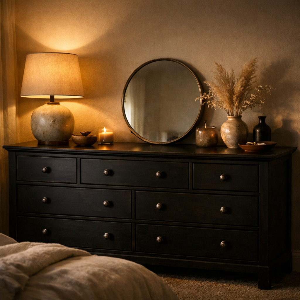 Warmly lit black dresser with a lamp, mirror, and candles