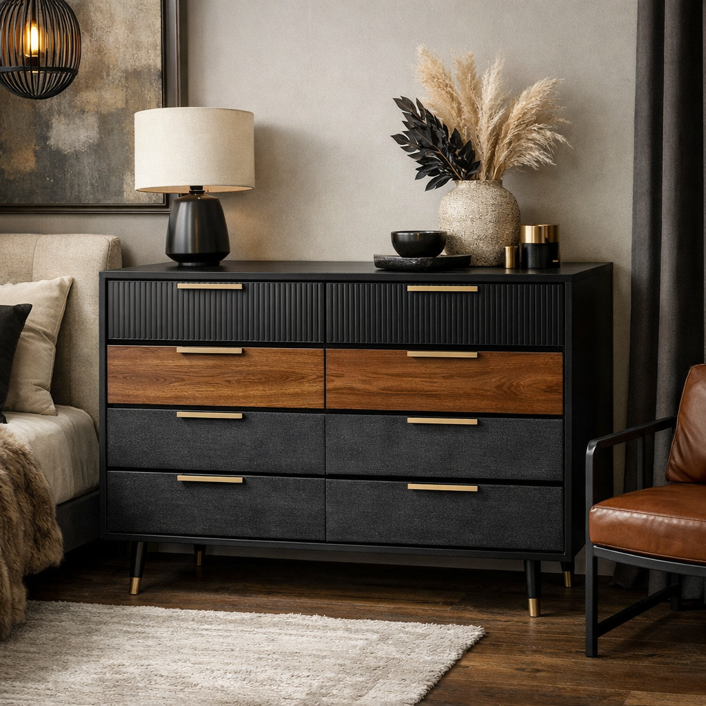 Black dresser with wooden elements and decorative accessories in a bedroom setting.
