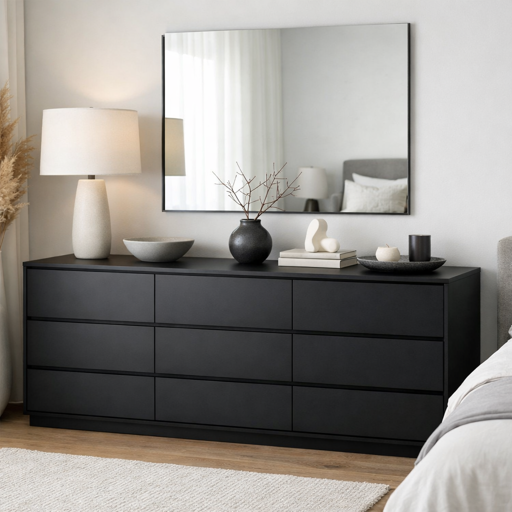 A stylish black dresser with a mirror and decorative items in a modern bedroom setting.