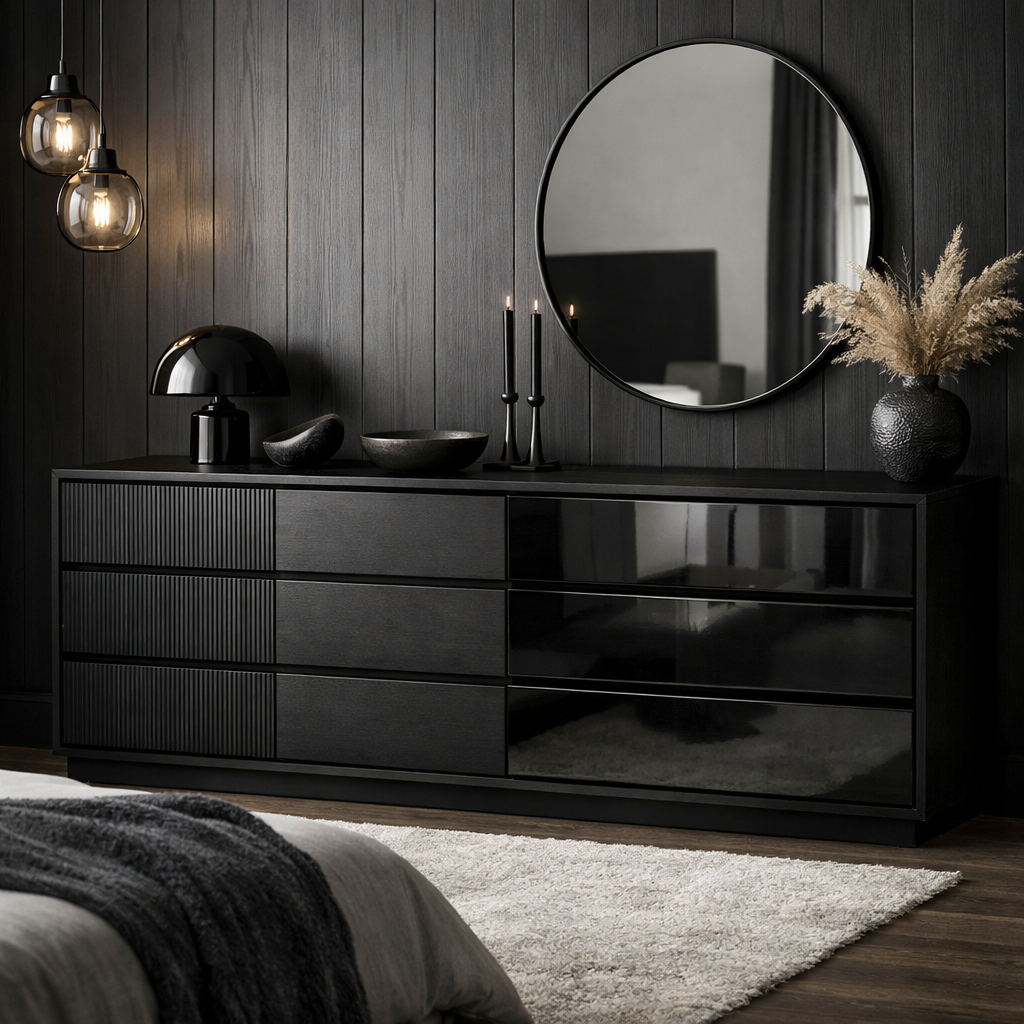 A black dresser in a stylish bedroom featuring textured finishes, pendant lights, and decorative accessories.