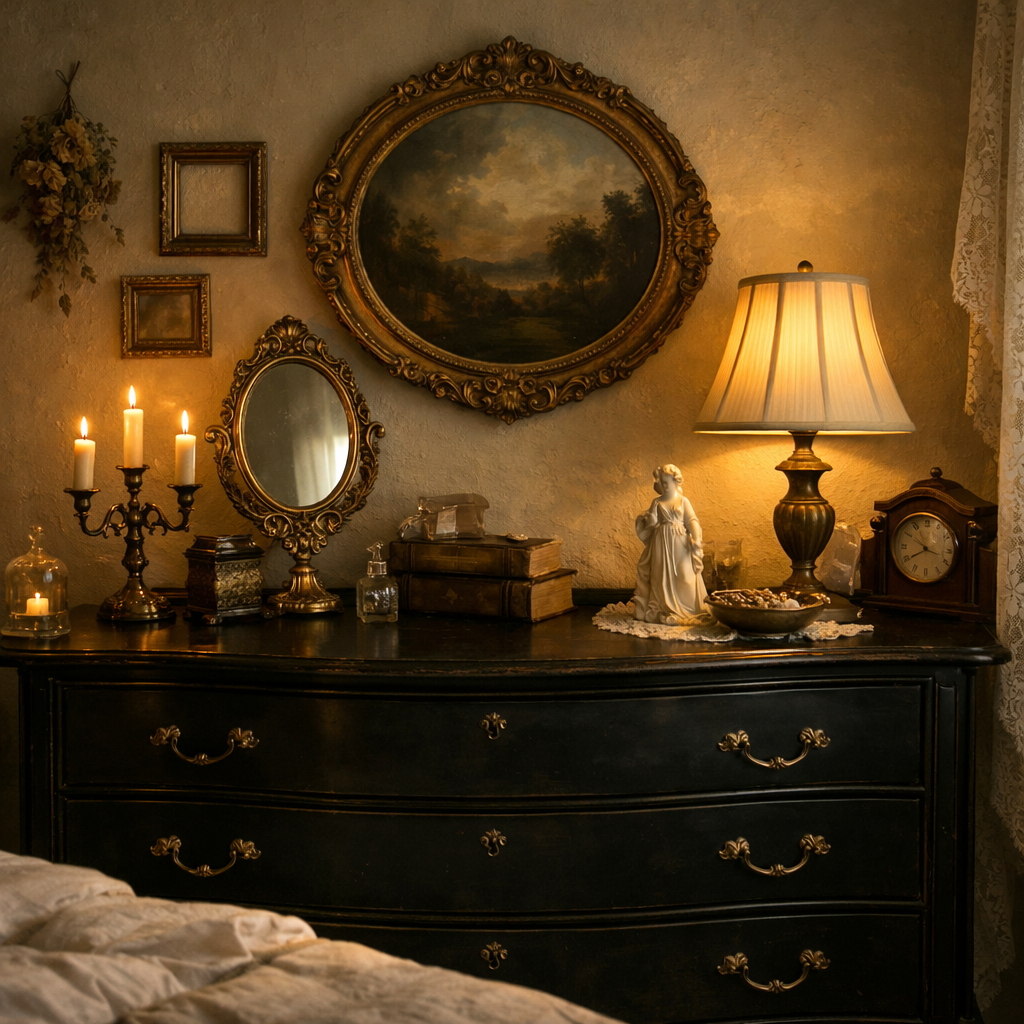 A vintage black dresser adorned with decor items, candles, and framed art.