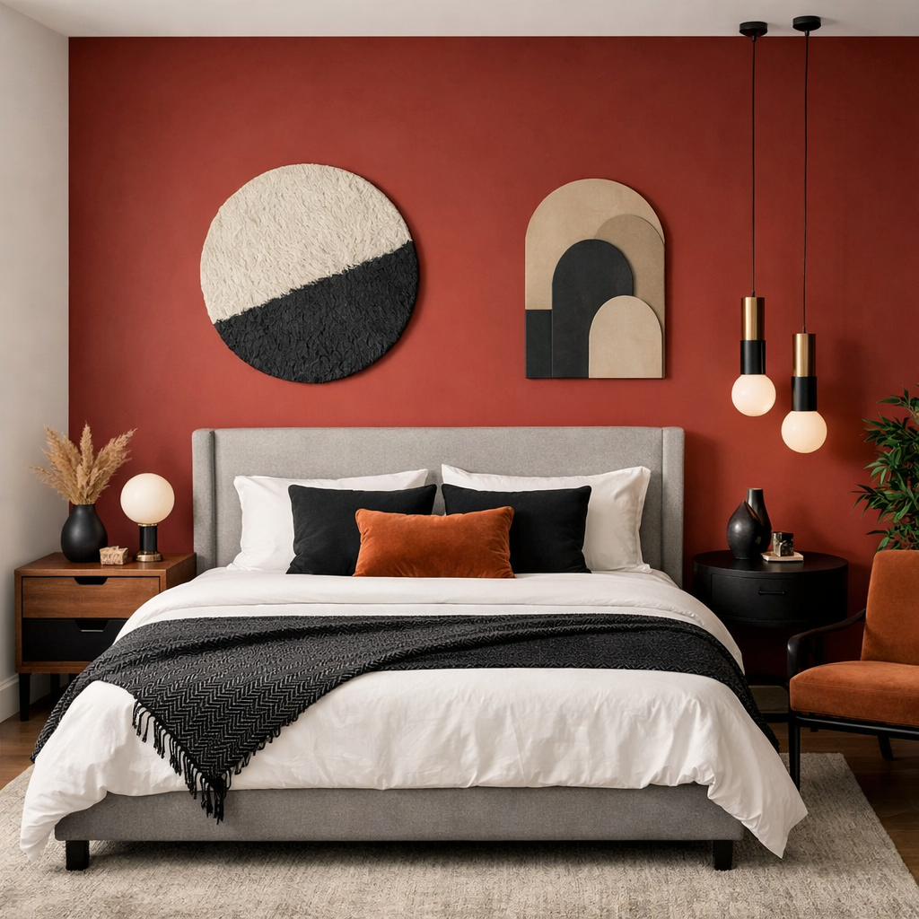 A stylish bedroom featuring a bold red accent wall with modern decor, including a gray bed frame, various wall art, and contemporary lighting.