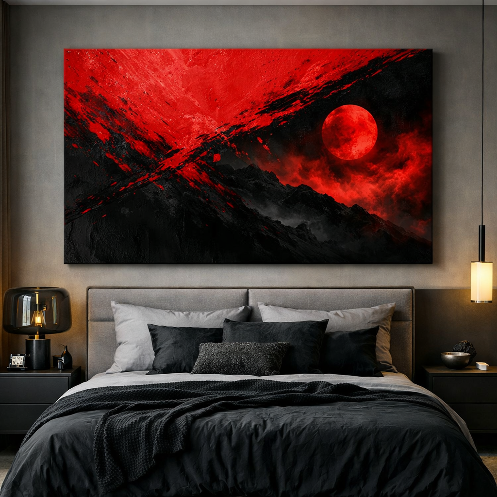 A bold abstract artwork featuring red and black colors above a stylish bed, enhancing the chic aesthetic of a bedroom.