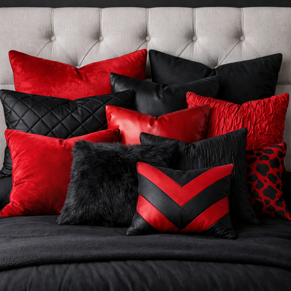 An assortment of red and black throw pillows on a black and gray bed