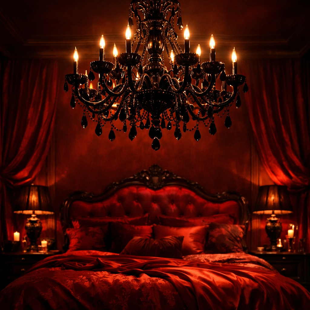 A luxurious red bedroom featuring a stunning chandelier, plush bedding, and elegant lighting.