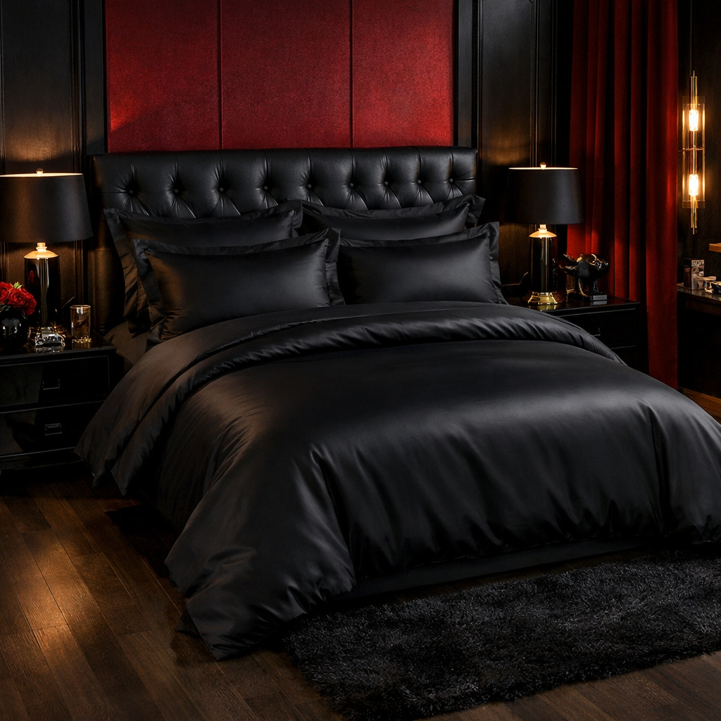 Elegant black bedding set with red wall backdrop