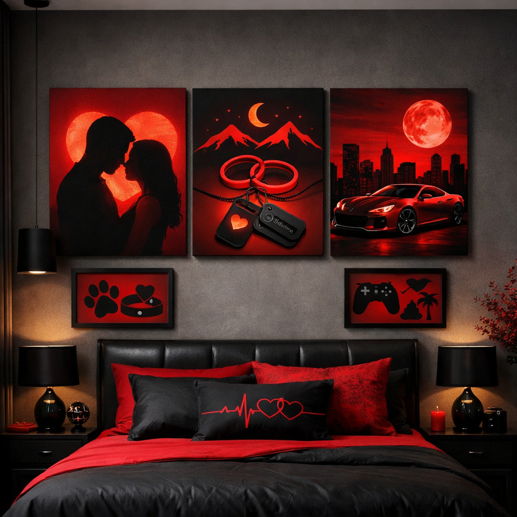A stylish red and black bedroom featuring personalized wall art and decorative pillows.