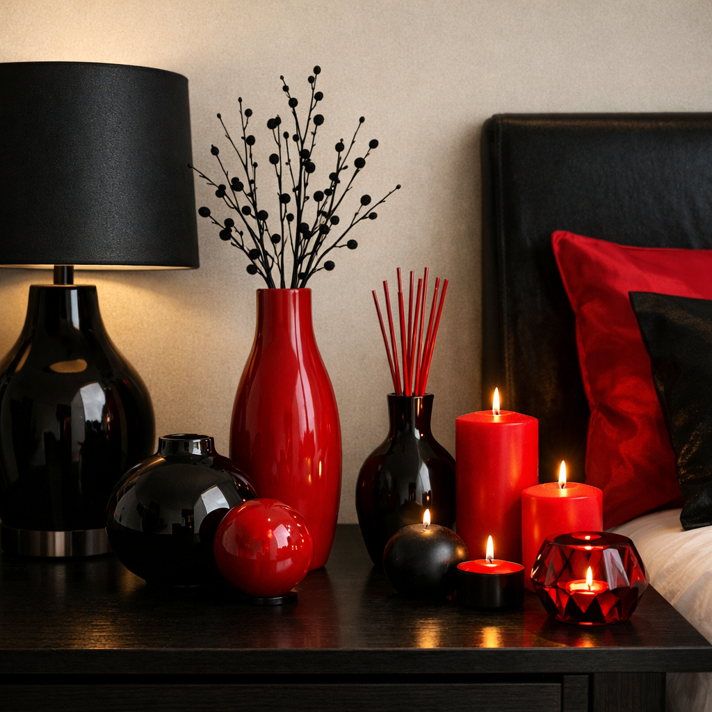 Stylish red and black bedroom decor with vases and candles.
