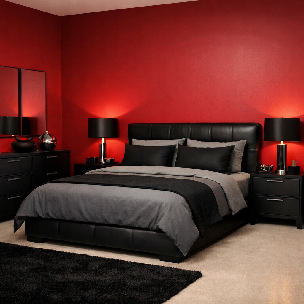 A modern red and black bedroom with sleek black furniture and decor
