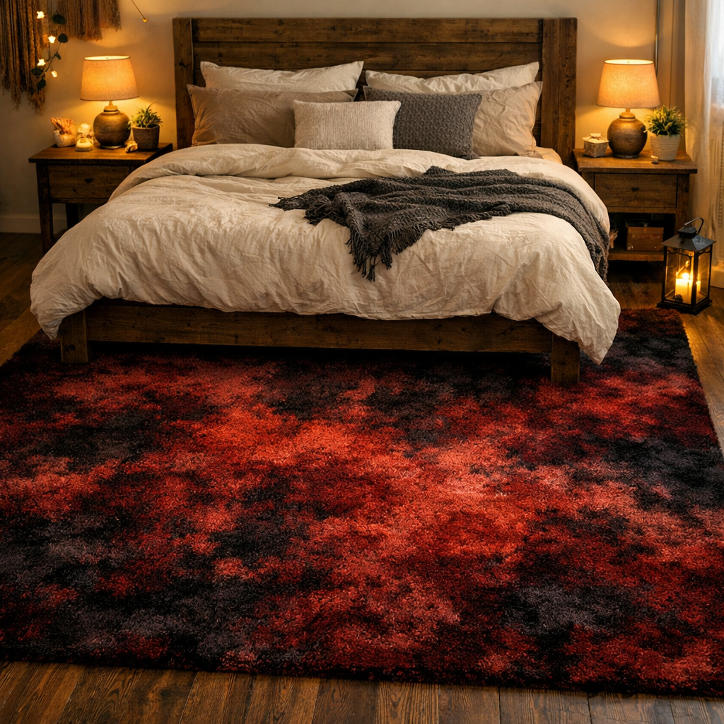 A stylish red and black area rug in a cozy bedroom setting