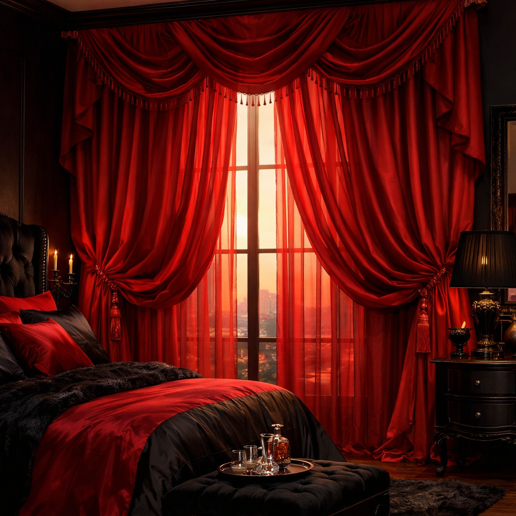A stylish bedroom featuring vibrant red curtains, a black bedspread, and decorative elements that create a luxurious atmosphere.