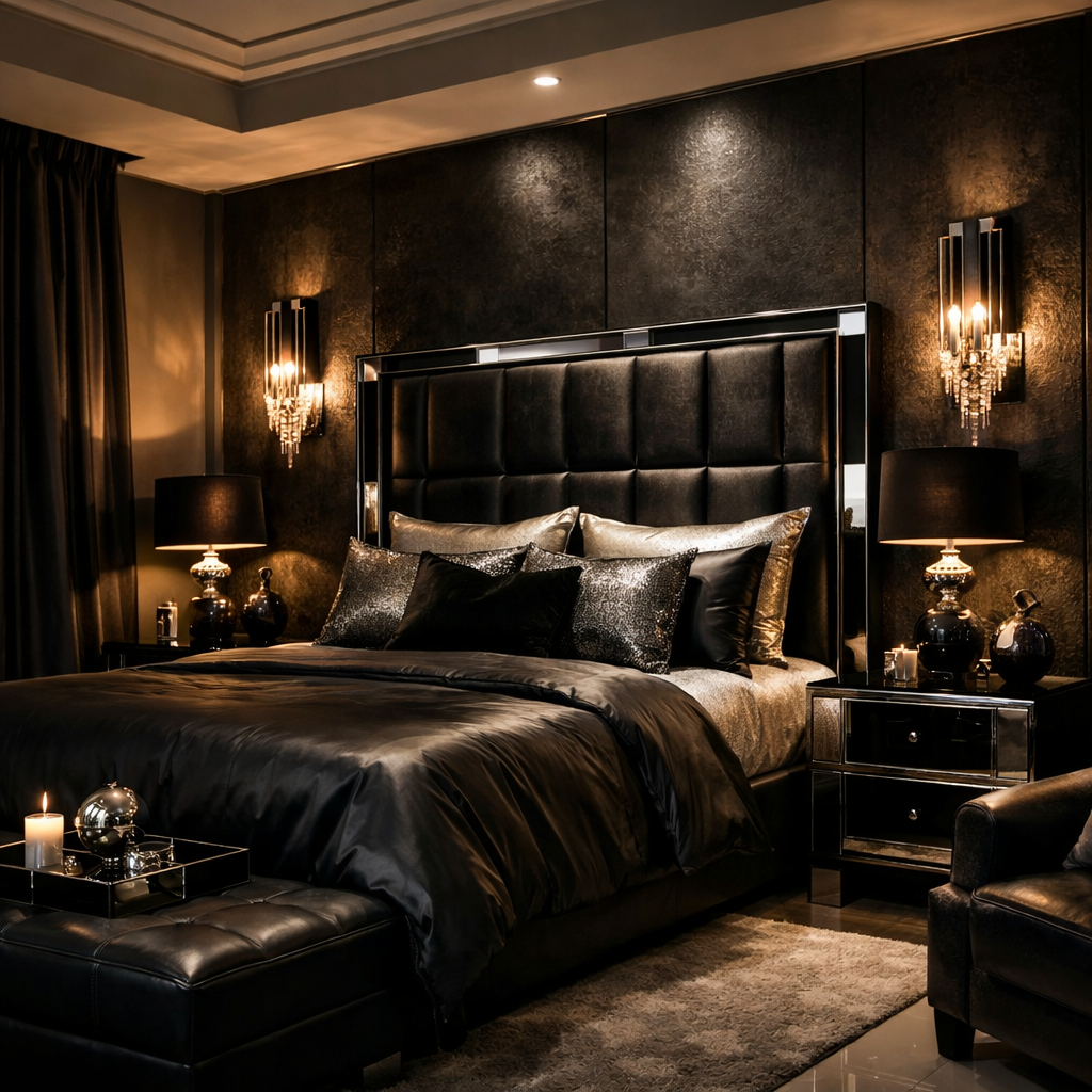 A stylish black and silver bedroom with elegant ambient lighting solutions.