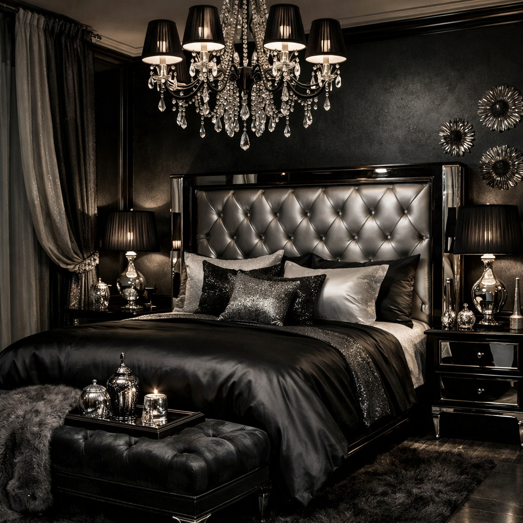 Elegant black and silver bedroom with luxurious bedding and decor