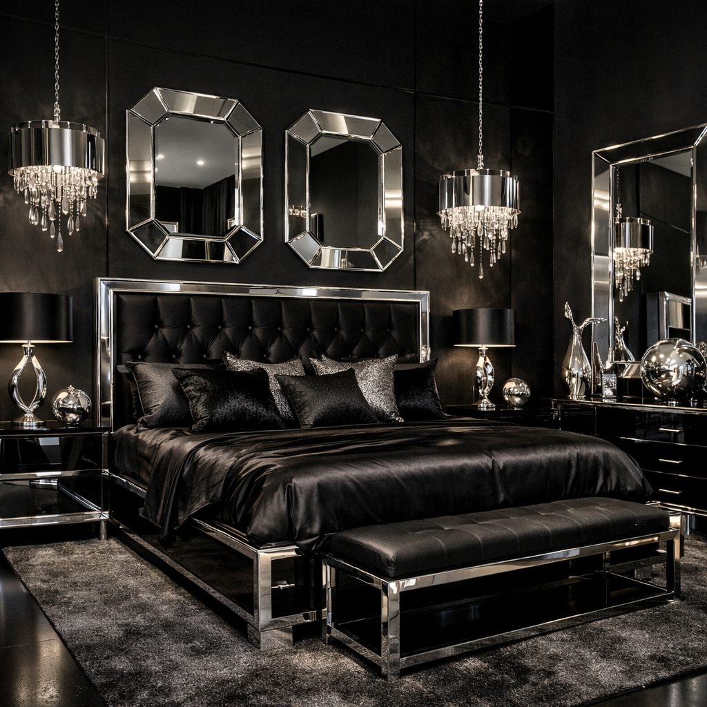 Elegant black and silver bedroom with metallic accents