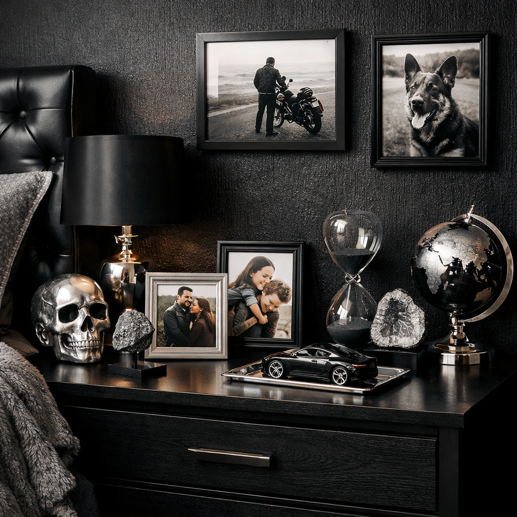 A stylish black and silver bedroom decor featuring a bedside table with photos, sculptures, and decorative elements.