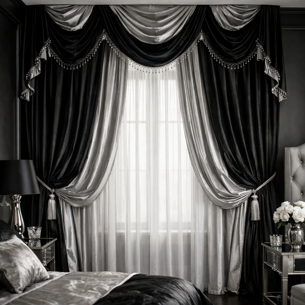 Elegant black and silver window treatments in a stylish bedroom