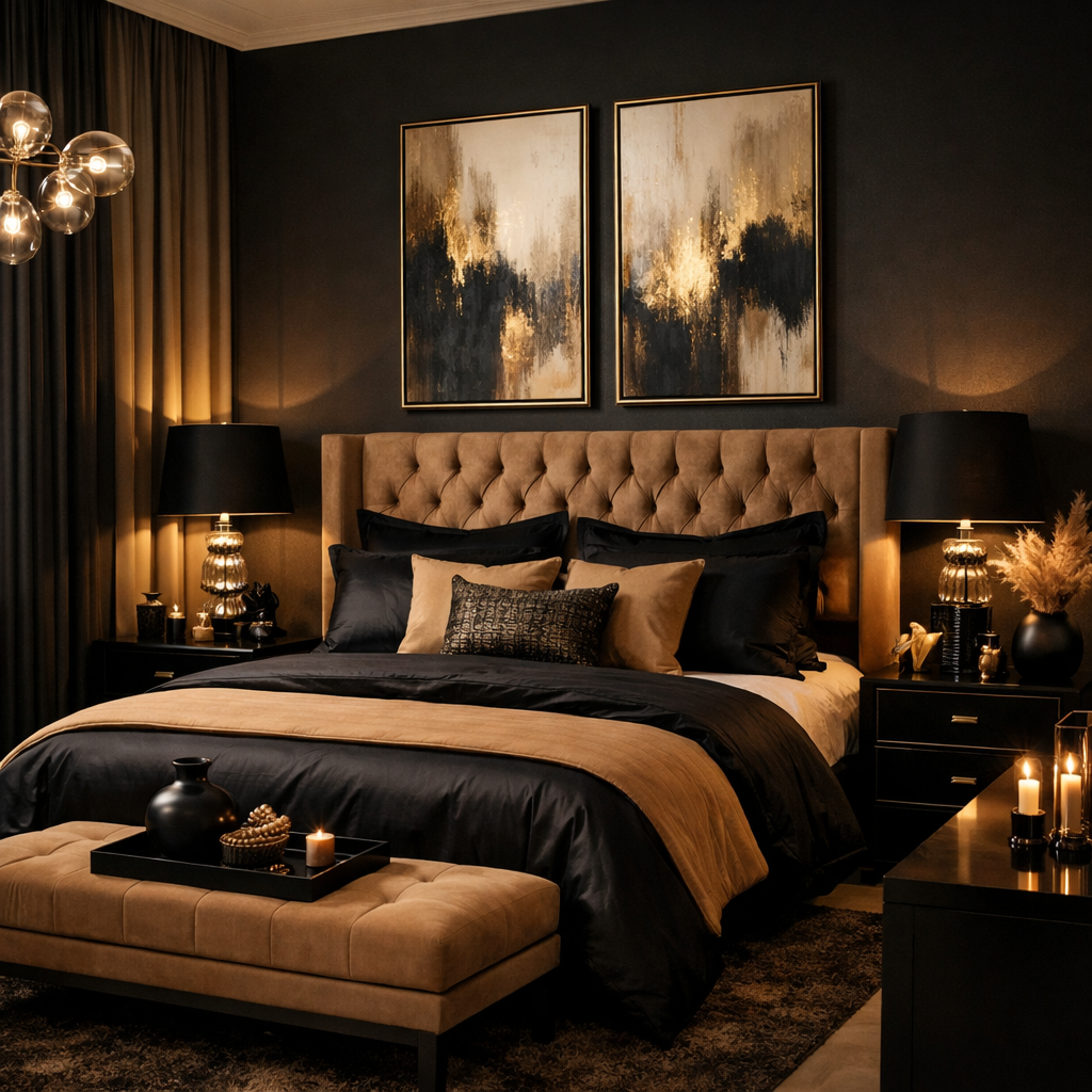 A stylish black and tan bedroom featuring a plush headboard, artwork, soft lighting, and elegant decor.