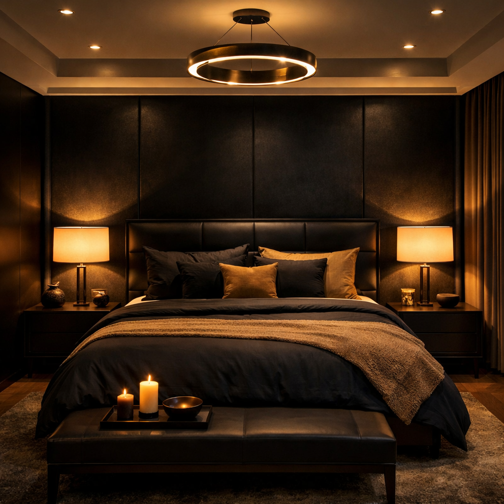 A stylish black and tan bedroom featuring layered lighting with a circular pendant and table lamps.