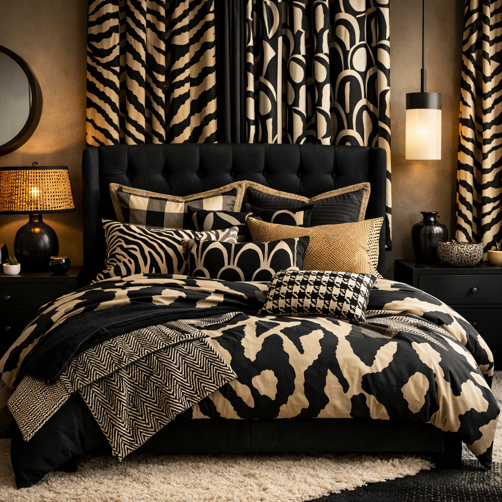 Black and tan bedroom with various patterned bedding and curtains