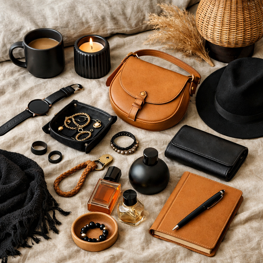 Flat lay of personal accessories including a handbag, jewelry, candles, and more on a cozy fabric background.