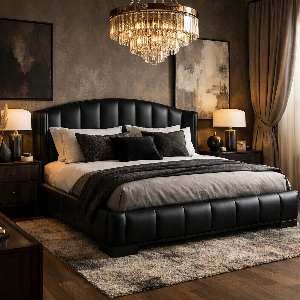 A beautifully styled black and tan bedroom featuring a plush black bed, dark wood nightstands, and elegant lighting.