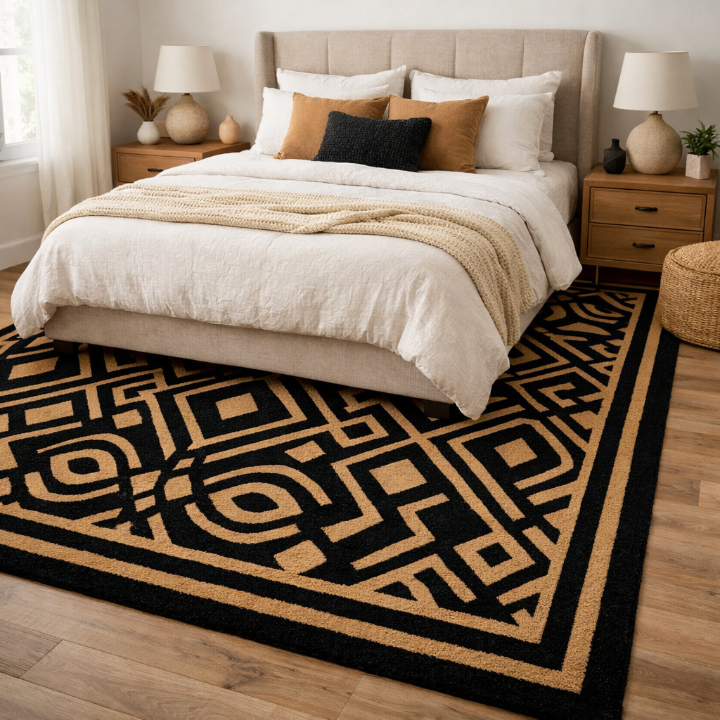 A stylish black and tan rug in a modern bedroom featuring a cozy bed and warm decor.