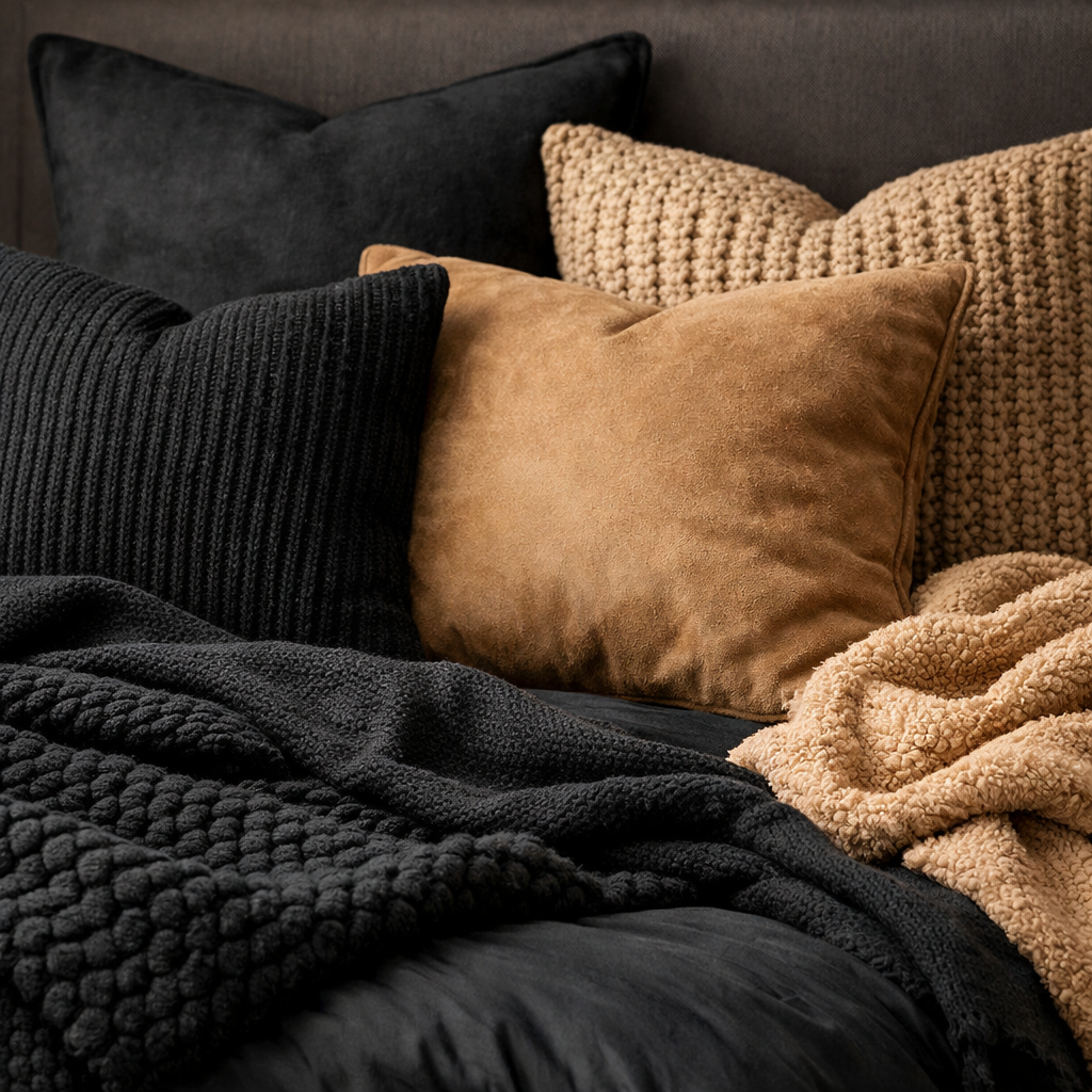 A cozy black and tan bedroom with various textured pillows and blankets
