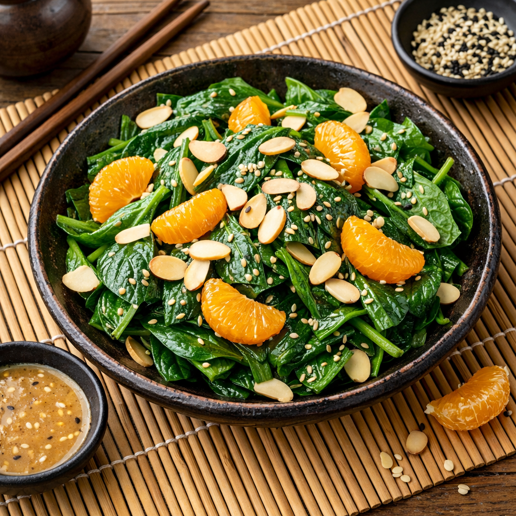 Bowl of Asian spinach salad topped with mandarin oranges, slivered almonds, and sesame seeds, served with sesame dressing