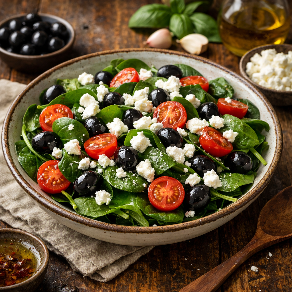 A bowl of Mediterranean Spinach Salad with feta cheese, black olives, and cherry tomatoes on a wooden table.