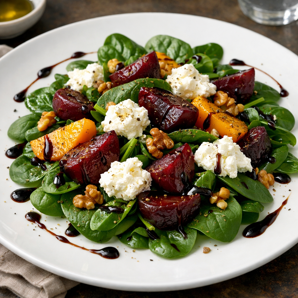 A colorful spinach and goat cheese salad with roasted beets and walnuts