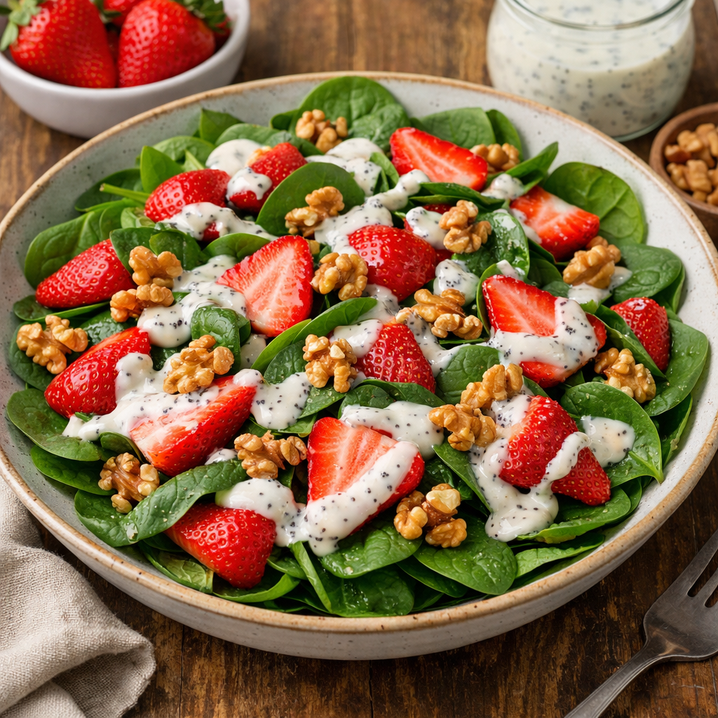 A colorful Strawberry Spinach Salad topped with poppy seed dressing, walnuts, on a wooden table.