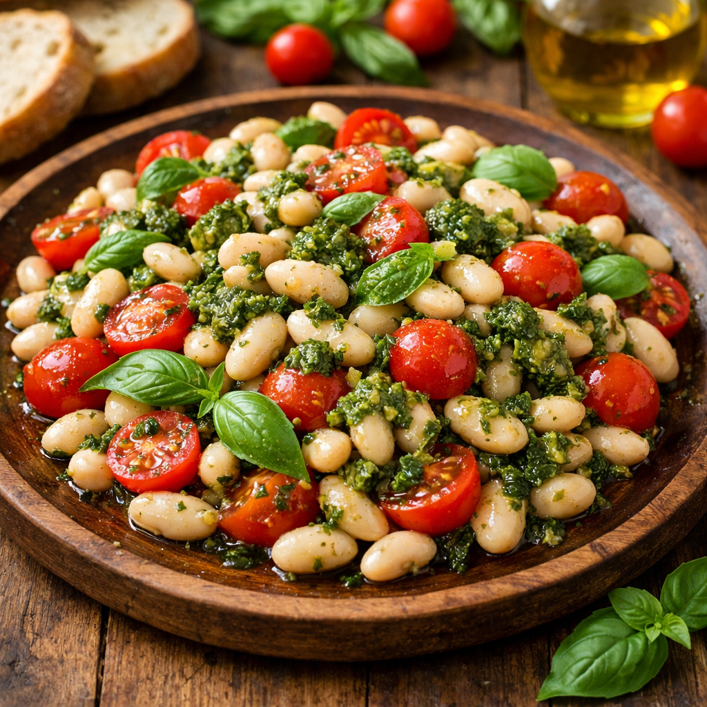 A vibrant Italian bean salad with pesto, cherry tomatoes, and basil on a wooden platter.