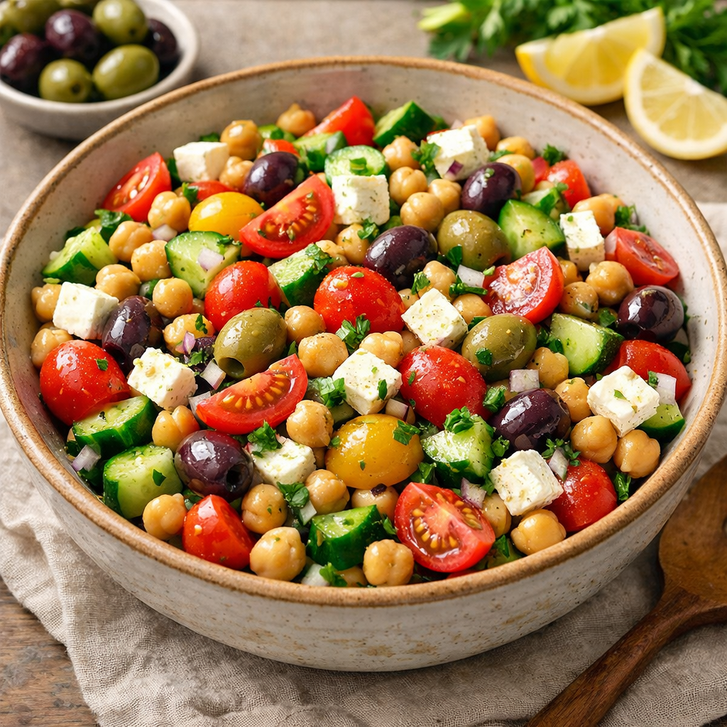 A colorful Mediterranean Chickpea Salad in a bowl, filled with chickpeas, tomatoes, cucumber, olives, and feta cheese.