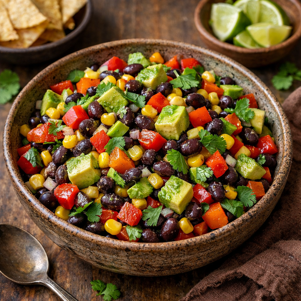 A colorful bowl of Southwestern black bean salad featuring black beans, corn, diced red and yellow peppers, avocado, and cilantro.
