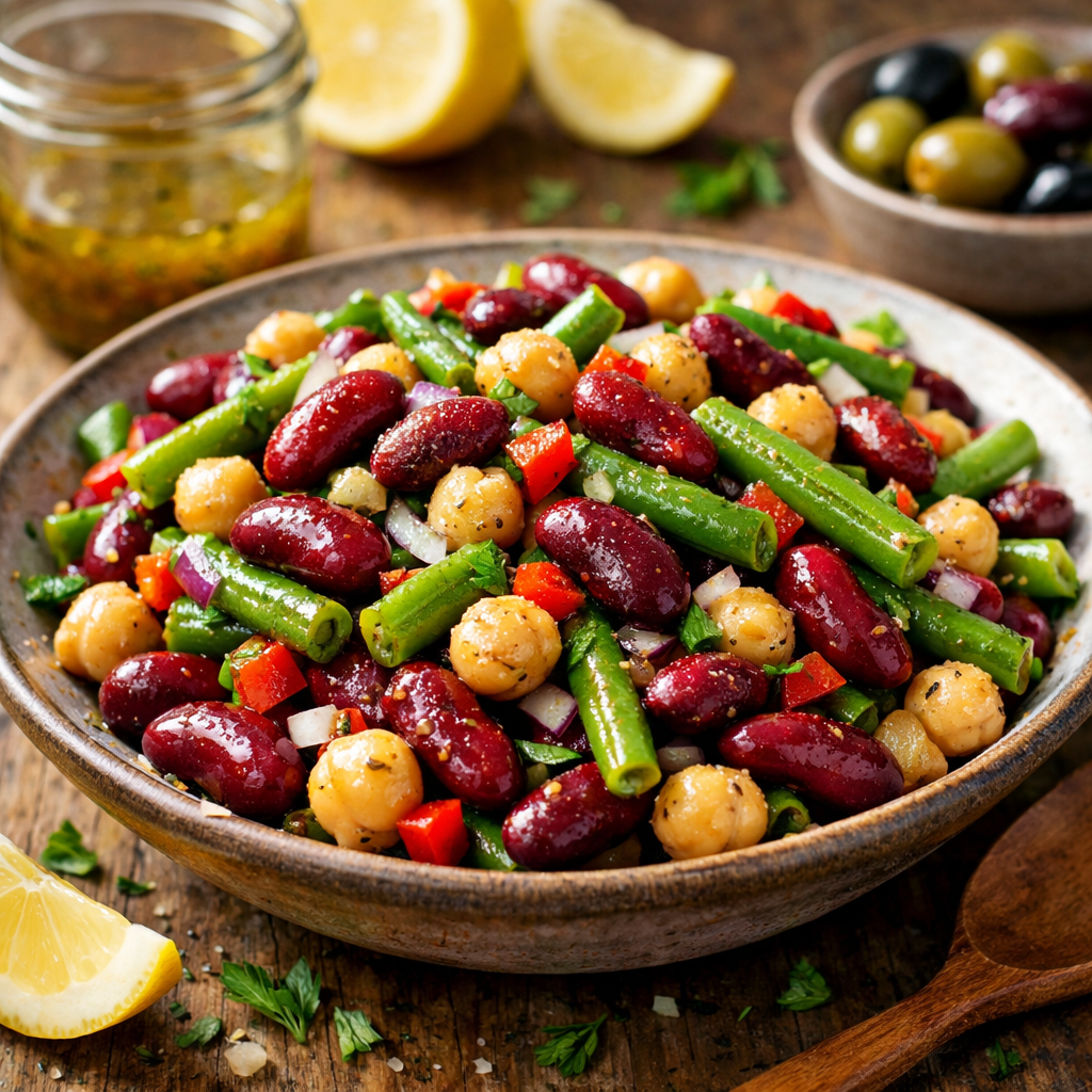 A colorful Three-Bean Salad featuring kidney beans, chickpeas, green beans, and vibrant vegetables dressed with a zesty lemon dressing.