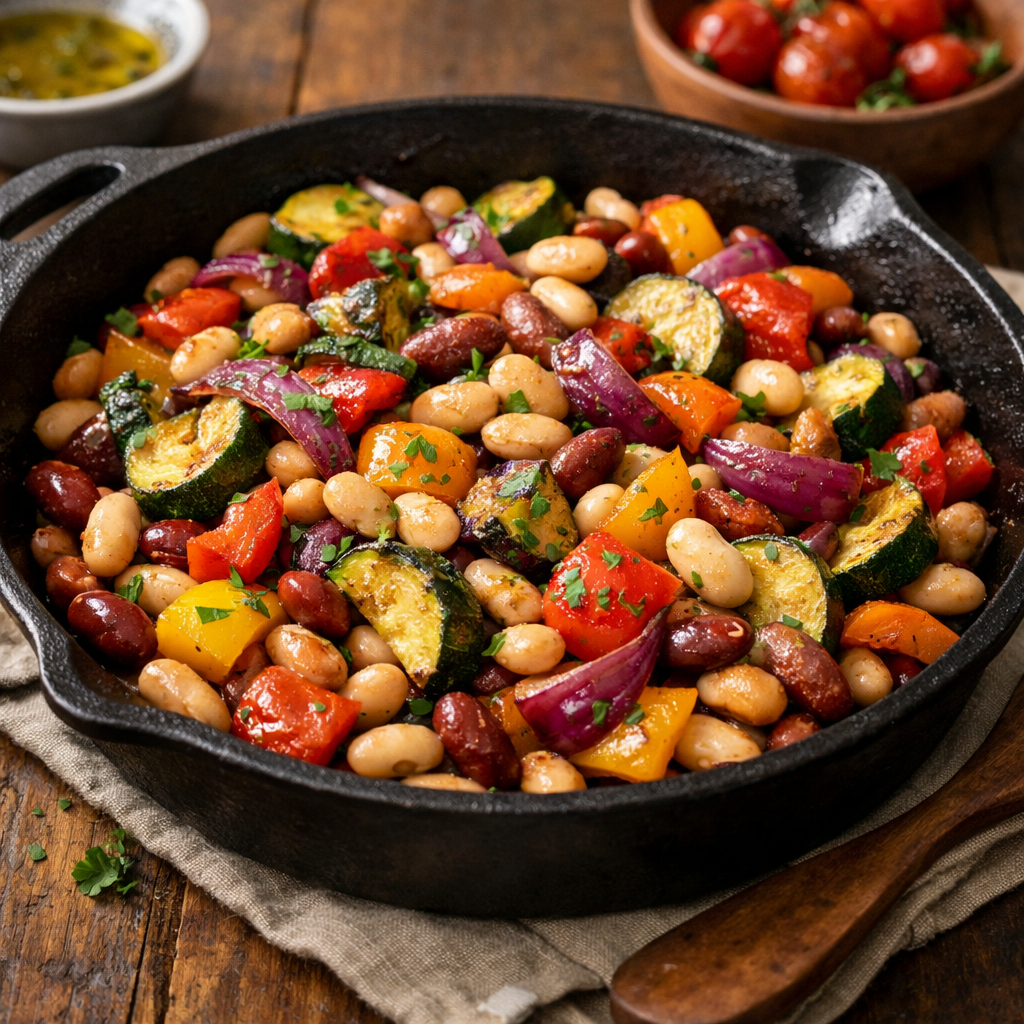 A warm bean and roasted vegetable salad with colorful veggies and various beans in a skillet.