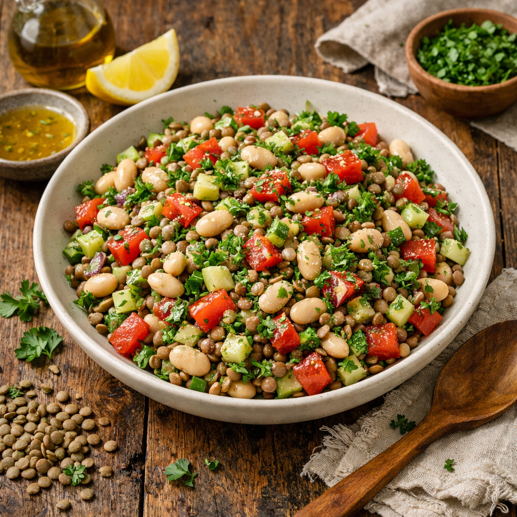 A colorful bowl of lentil and white bean salad with chopped vegetables and lemon vinaigrette.